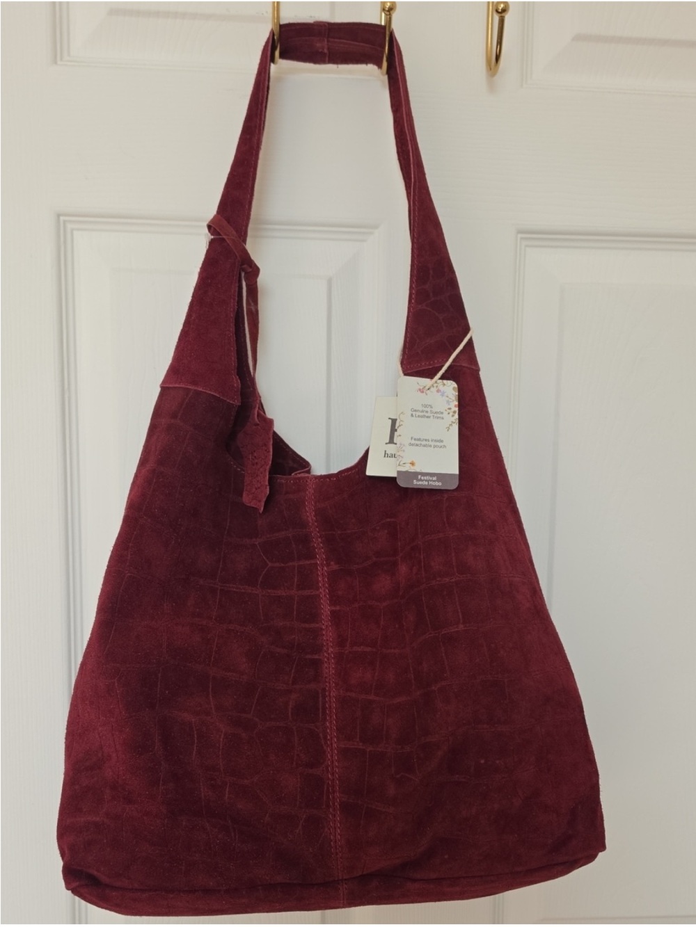 NWT! Haute Hippie Suede Burgundy Crocodile Slouchy Hobo w/ Detachable Small Bag